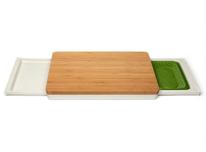 bamboo cutting board with transfer tray and colander