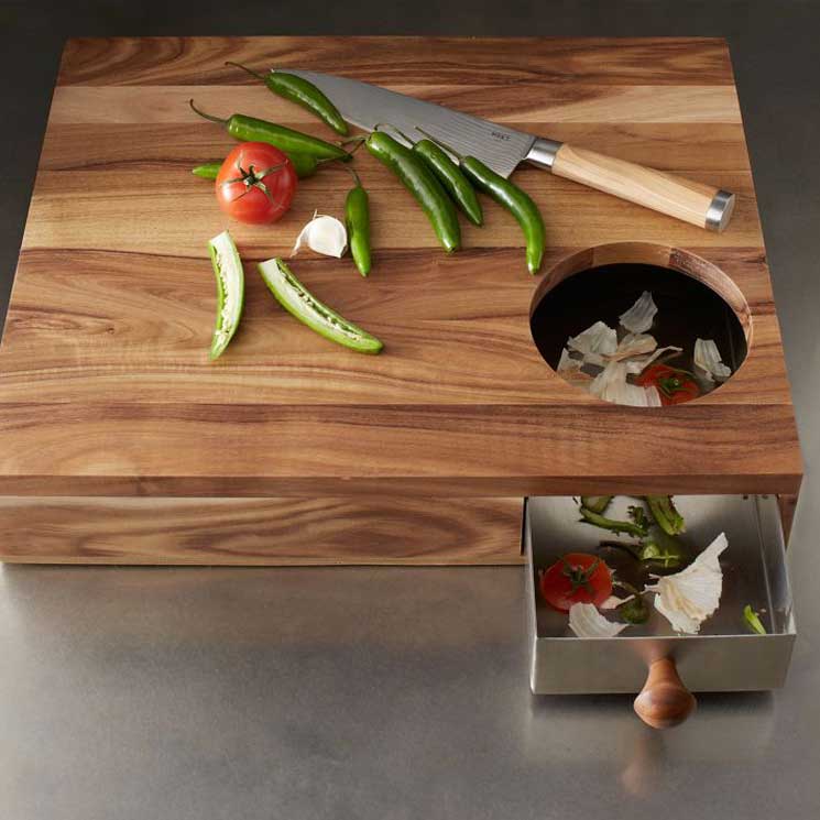 West Elm storage cutting board with refuse discarding hole