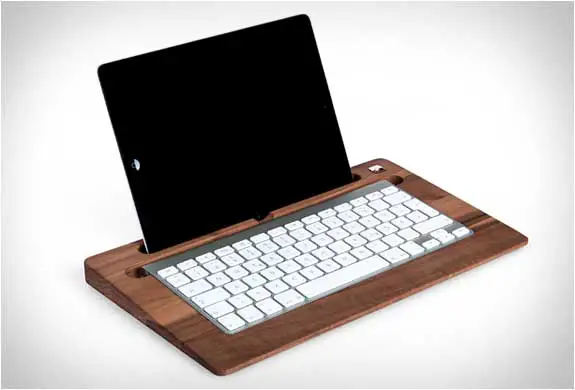 wooden table tray transforms iPad and wireless keyboard into a laptop