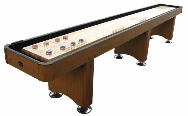 high-end hardwood shuffleboard table with leg cabinet storage