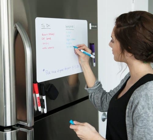 organize kitchen chores, to do lists, grocery lists, recipes and more with this fridge whiteboard